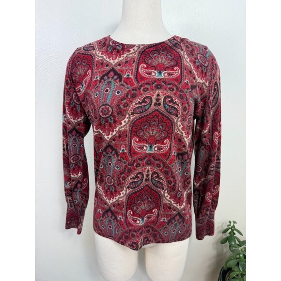 Talbots Womens Red Paisley Merino‎ Wool Crew Neck Sweater Size Large Retro Artsy - Picture 1 of 13